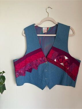 Vintage Calgary made- Patchwork Denim Vest with Magenta Accents
